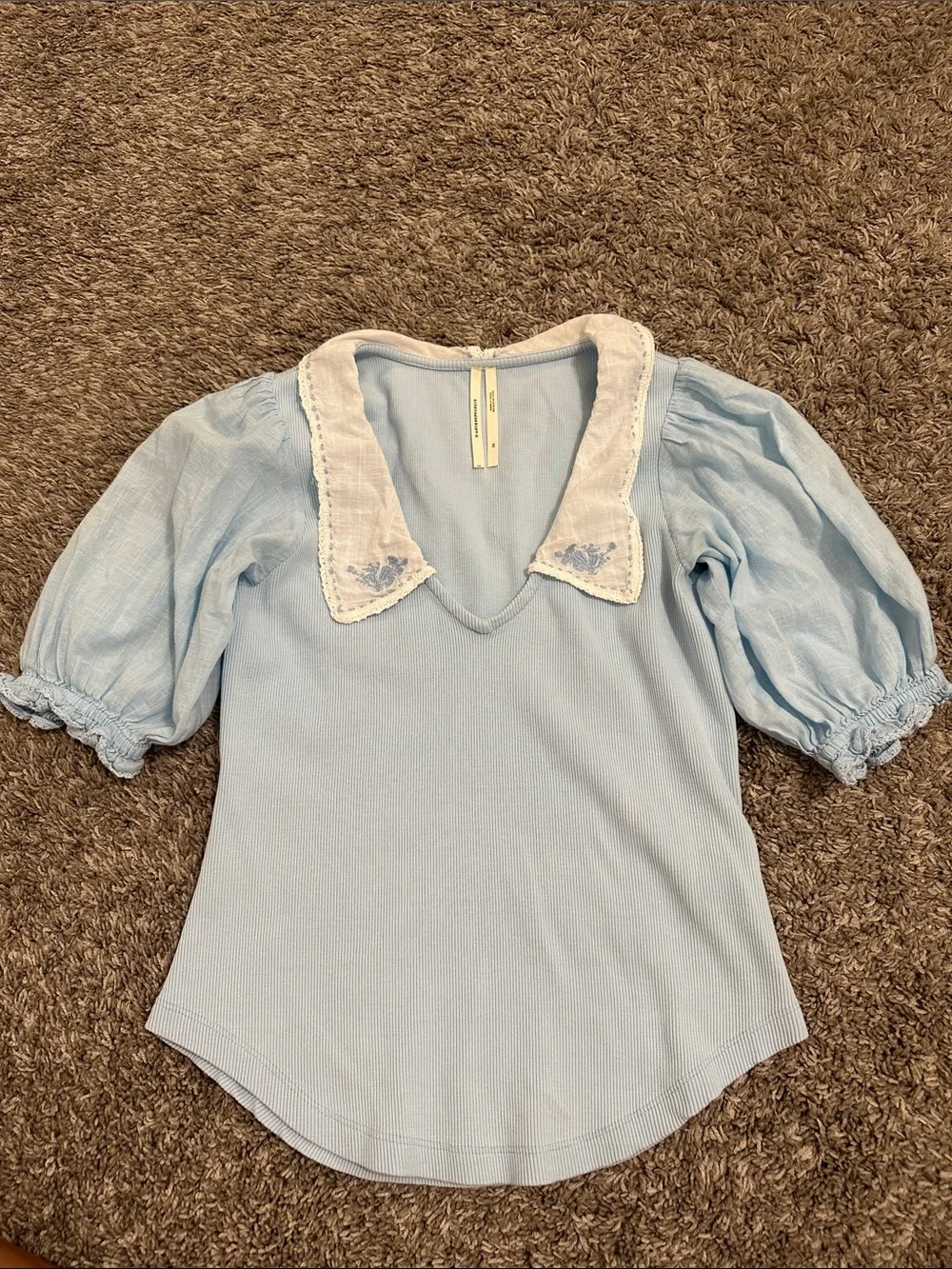Anthropologie Light Blue Puff Sleeve Top with Embroidered White Collar